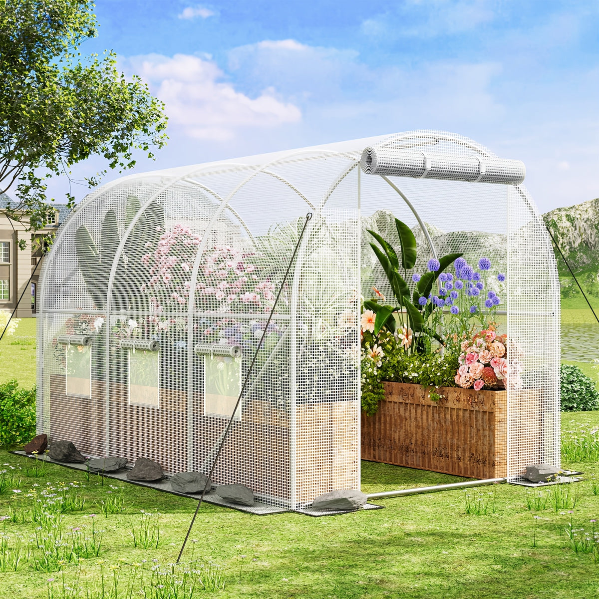 Garden Greenhouse with PE Cover and Listed Iron Frame, Three-Layer, Four-Layer or Large Walk-In Options in Green or White for Seedling and Plant Organization