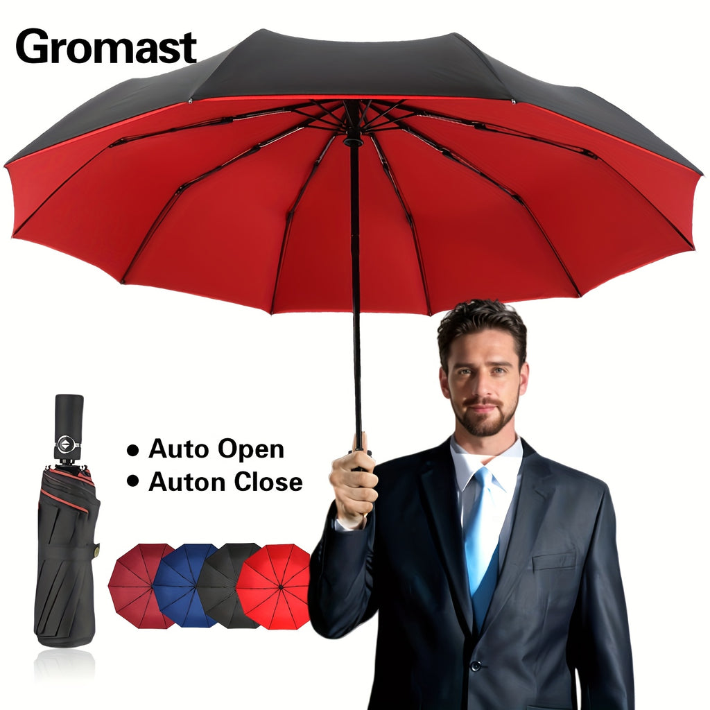Ten-Rib Automatic Umbrella with Gear-Shift Style Wording, Folding Sunshade Design in Red, Black, Blue or Burgundy for Everyday Carry and Outdoor Outings