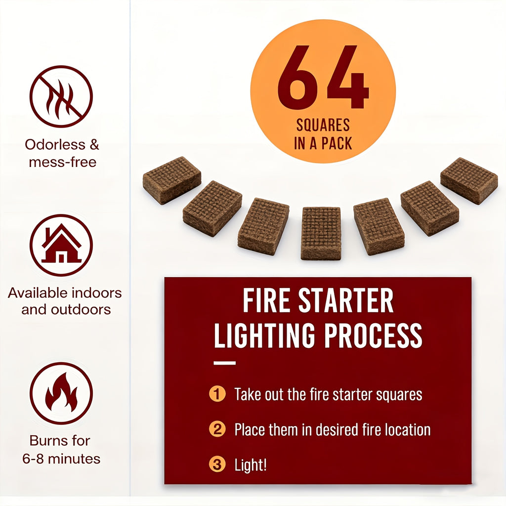 Fire Starter Squares 64-Pack for Compatible Fireplaces, BBQ Grills, Wood Stoves and Camping Setups, Square Firelighting Supplies for Experienced Adults
