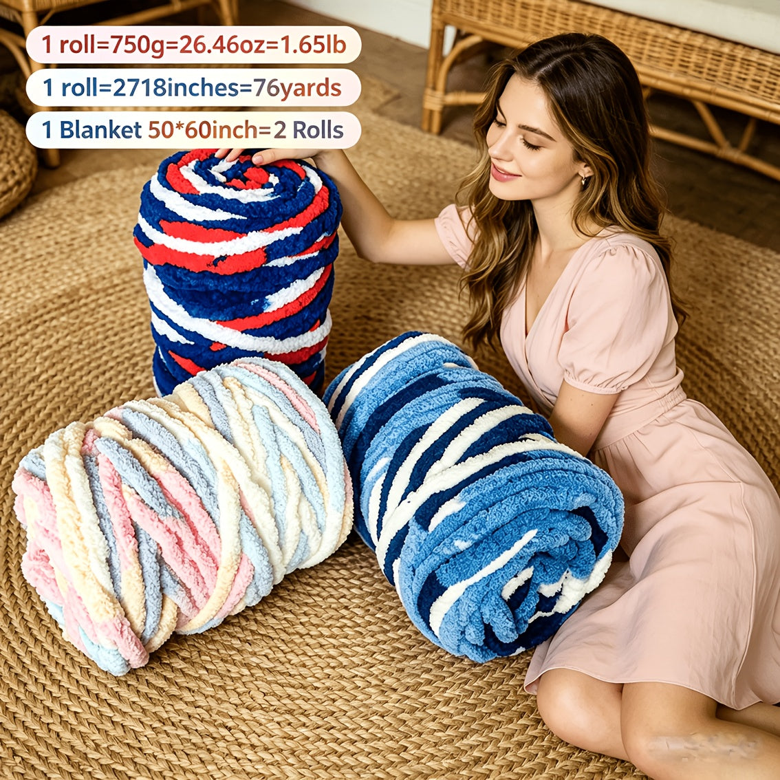 Chunky Chenille Yarn for Arm Knitting and Crochet, 750g Polyester Bulky Yarn with Ombre and Solid Style Options for DIY Blankets, Cushions and Handmade Gifts