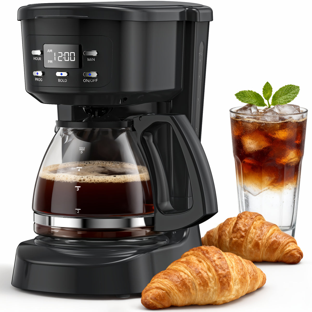 5-Cup Programmable Coffee Maker in White, Digital Drip Brewer with Auto Brew, Brew Pause, Washable Basket Filter and Keep-Hot Plate for Home Kitchens