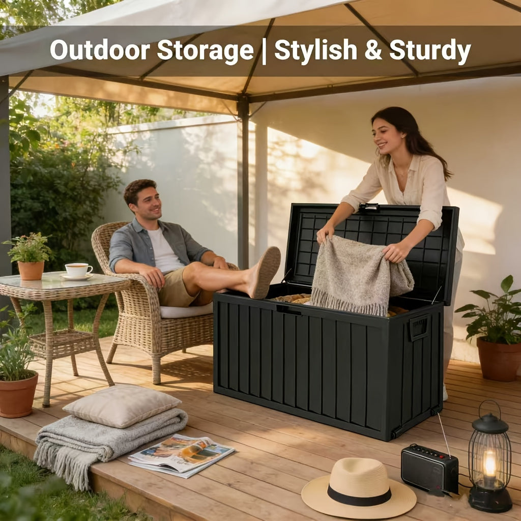 Outdoor Deck Storage Box in Black with Listed 75-Gallon Capacity, Locking Hole and Bottom Casters for Organizing Compatible Patio, Porch and Garden Essentials