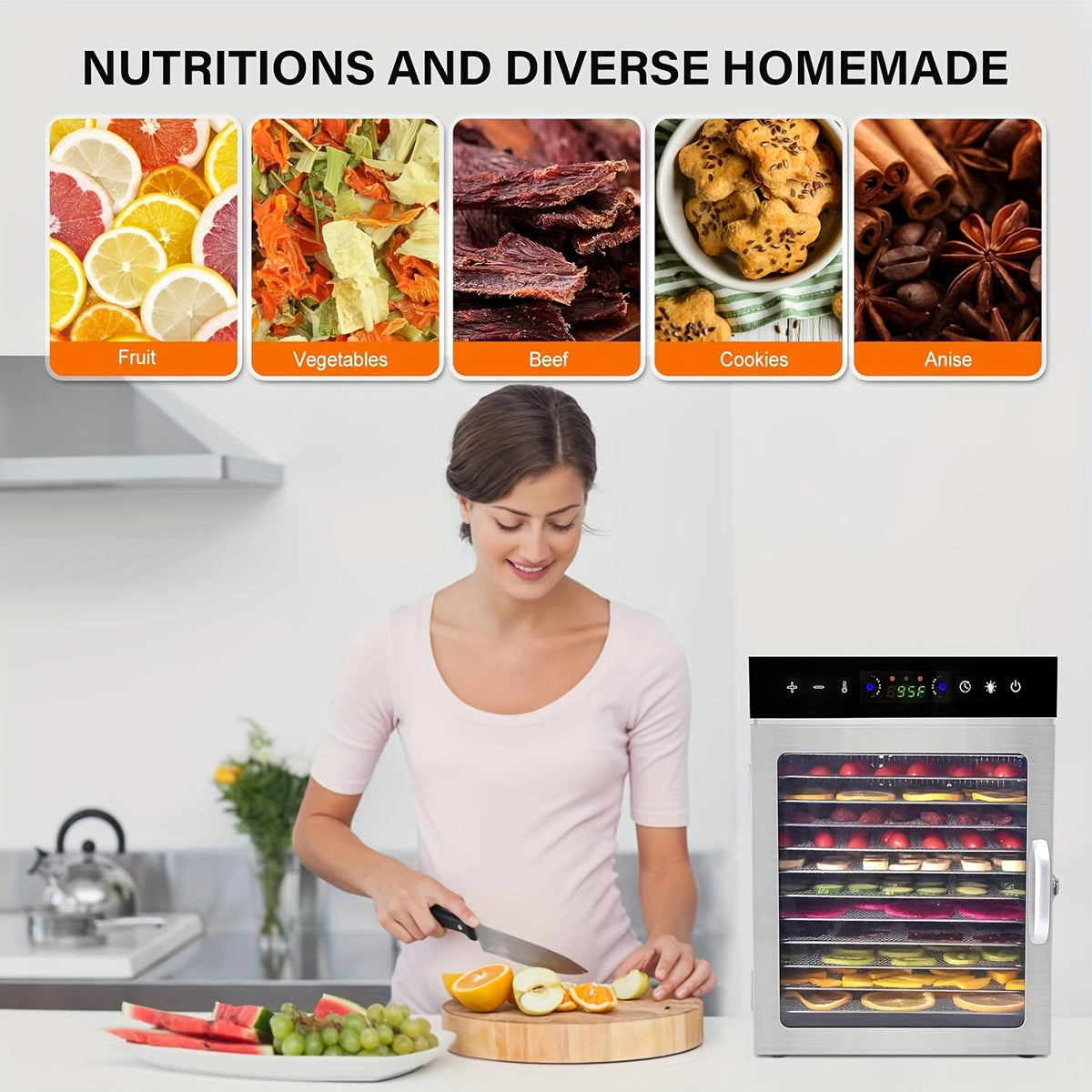12-Tray Food Dehydrator, 800W Stainless Steel Food Dryer with 24-Hour Digital Timer and Adjustable Temperature for Fruit, Herbs, Vegetables and Jerky