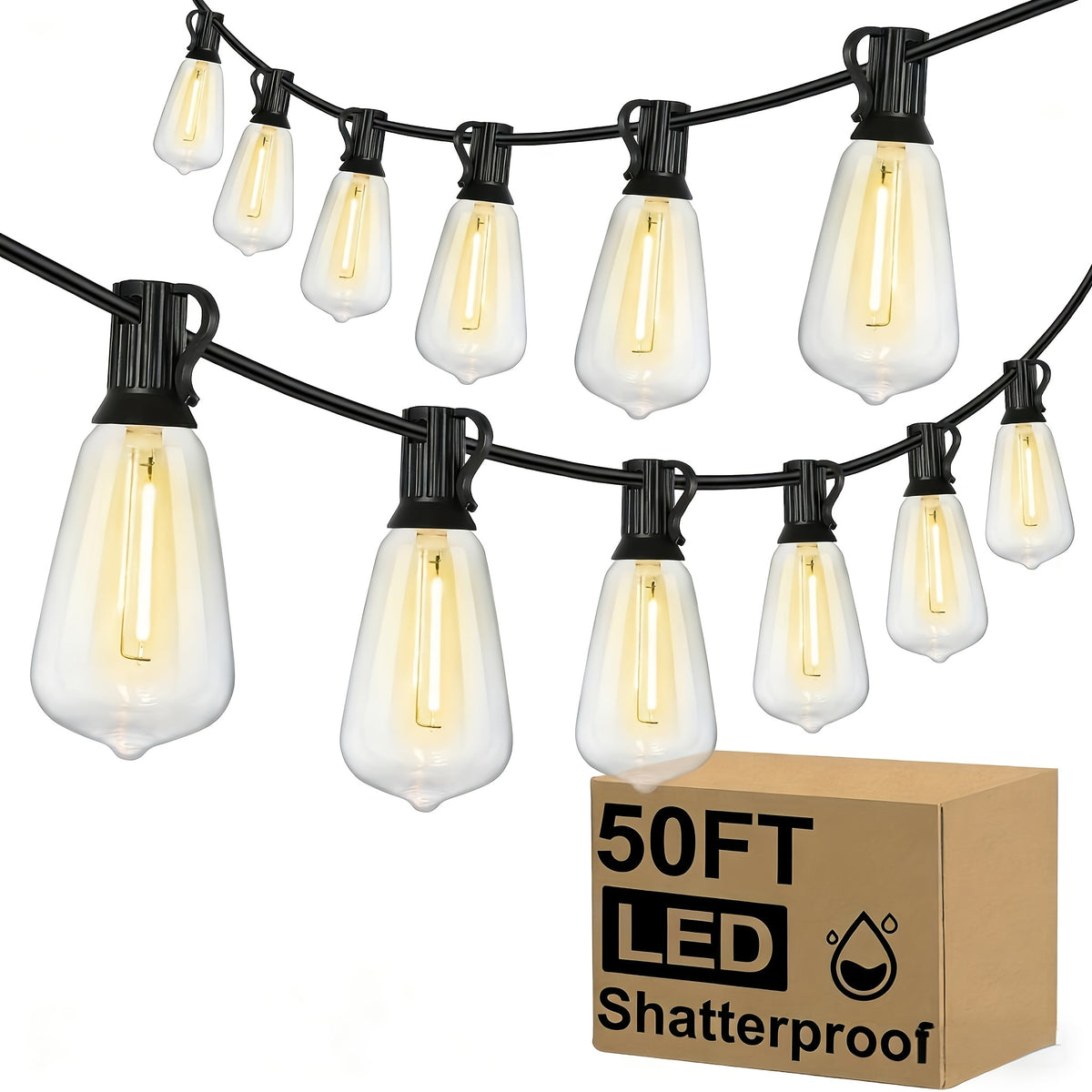 LED Outdoor String Lights, Edison-Style Decorative Bulbs with 2700K Warm Light Labels in 50ft, 100ft or 120ft Options for Patio, Porch and Cafe Displays