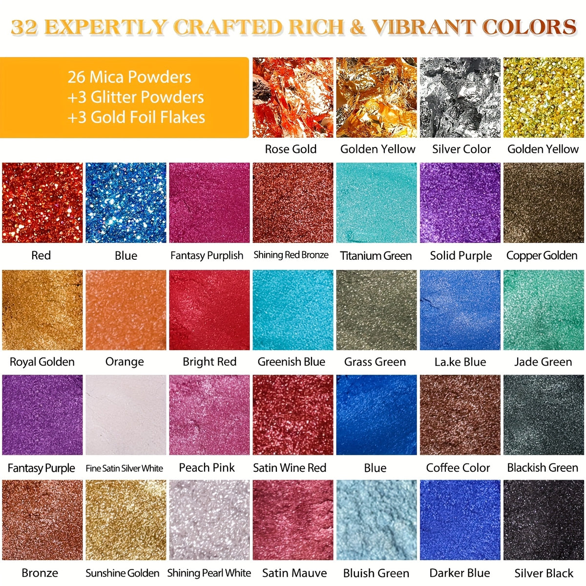 Mica Pigment and Glitter Craft Set with Listed 26 Mica Shades, Three Foil Flake Colors and Three Glitter Powders for Compatible Epoxy Resin Decorative Projects