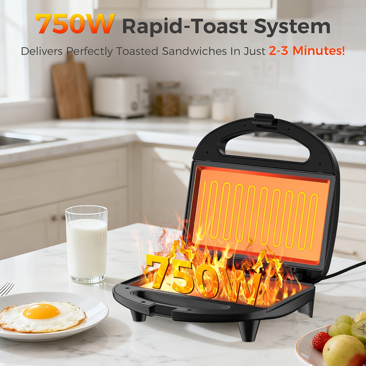 Flat Plate Sandwich Maker, 750W 2-Slice Grilled Cheese Toaster with Nonstick Cooking Surfaces, Indicator Lights and Cool-Touch Handle for Home Kitchens