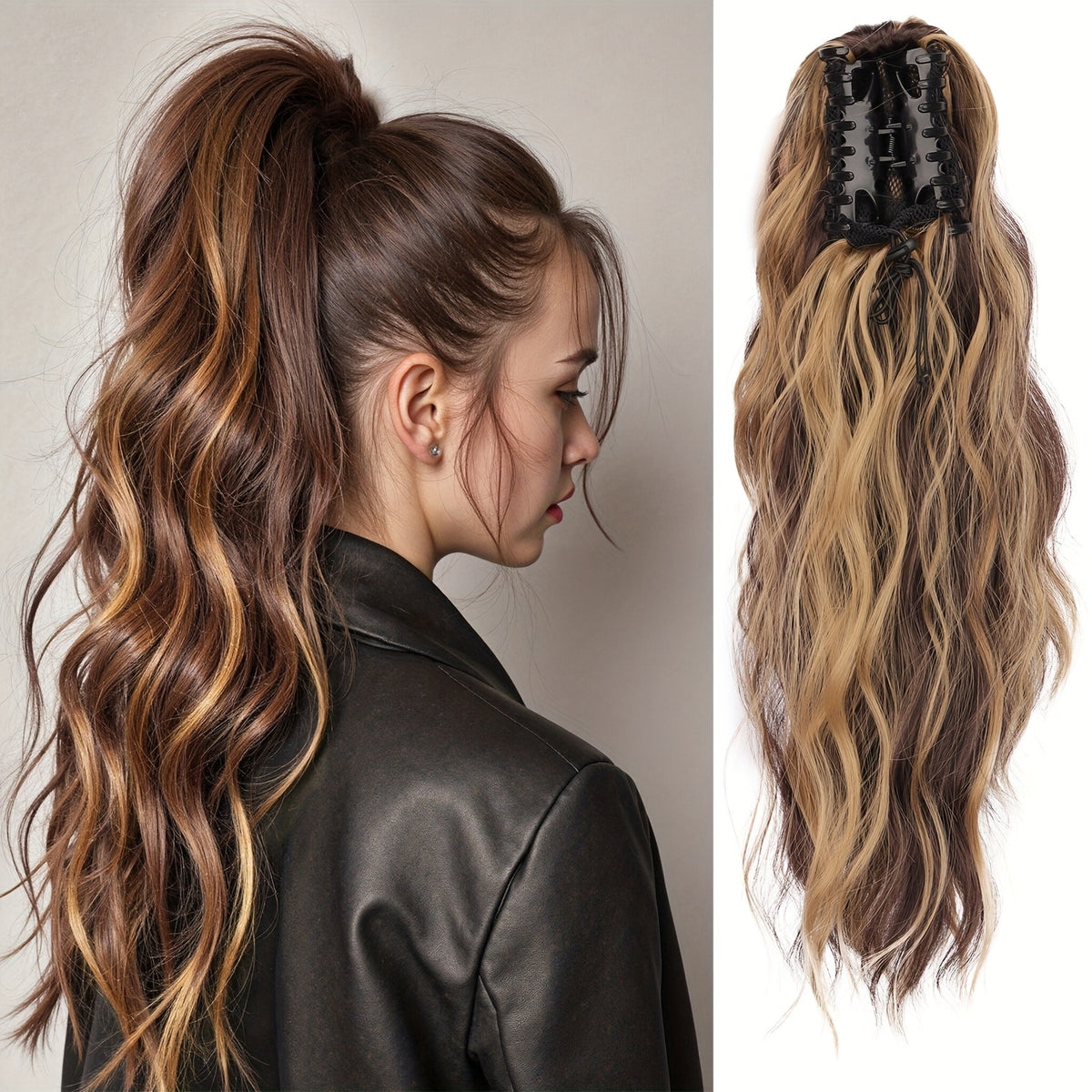 16-Inch Water Wave Ponytail Extension for Women, Synthetic Curly Hairpiece with Clip Attachment and Multiple Color Options for Daily Wear and Parties