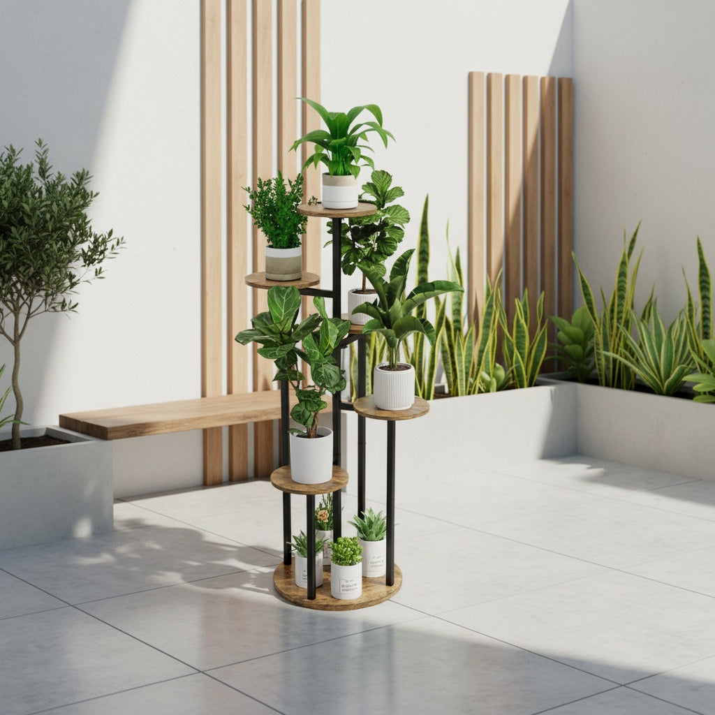Six-Tier Metal Plant Stand by SUOERNUO with Listed Nine-Pot Display Layout, EVA Base Pads and Black or White Options for Indoor Corner Decor