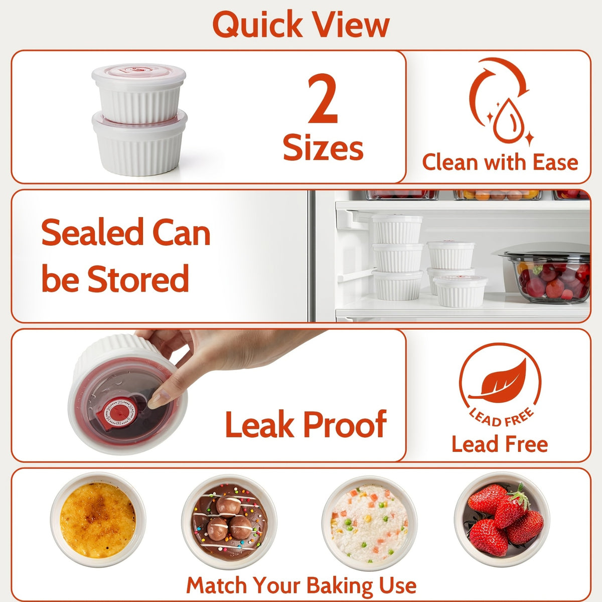 Porcelain Ramekins with Lids, Set of Six with Listed 8-Ounce Capacity for Soufflé, Crème Brûlée, Pudding and Custard Preparation, Serving and Food Storage