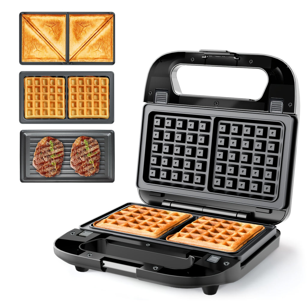 Three-in-One Sandwich and Waffle Maker with Listed 750W Power and Removable Nonstick Plates, Teal and Three-Plate Option Labels for Home Kitchen Meal Preparation
