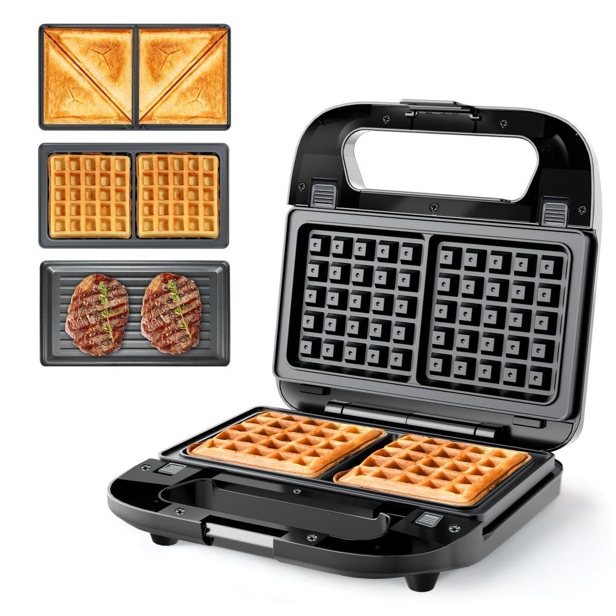 Three-in-One Sandwich and Waffle Maker with Listed 750W Power and Removable Nonstick Plates, Teal and Three-Plate Option Labels for Home Kitchen Meal Preparation