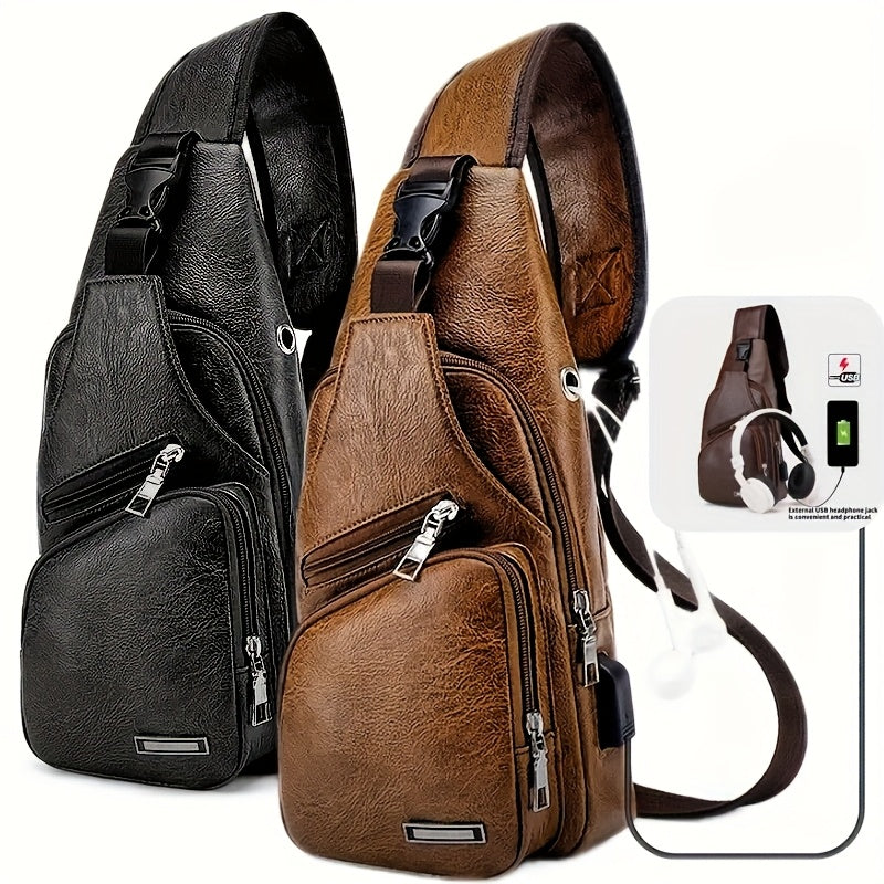 PU Leather Sling Bag for Men and Women with Adjustable Shoulder Strap, Zippered Pockets and Earphone Opening for Daily Walking, Hiking and Travel