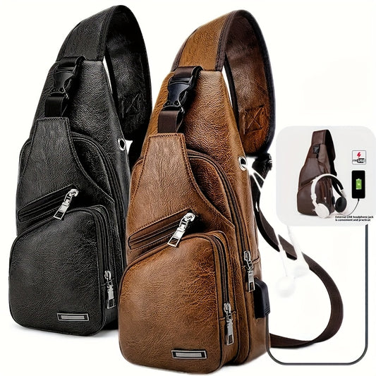 PU Leather Sling Bag for Men and Women with Adjustable Shoulder Strap, Zippered Pockets and Earphone Opening for Daily Walking, Hiking and Travel