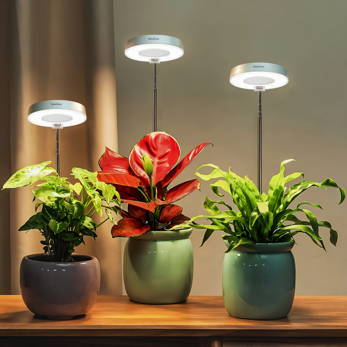 Full Spectrum Grow Light 3-Piece Set by Smeileas, Adjustable Brightness and Height with 3/6/9 Hour Auto On/Off Timer for Indoor Plant Care, White