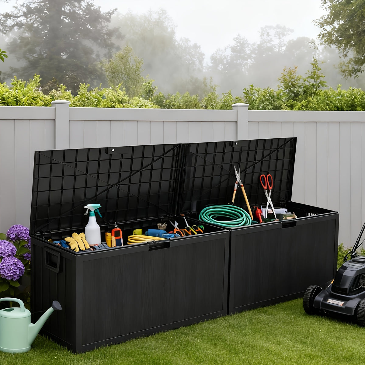Outdoor Deck Storage Box in Black with Listed 75-Gallon Capacity, Locking Hole and Bottom Casters for Organizing Compatible Patio, Porch and Garden Essentials