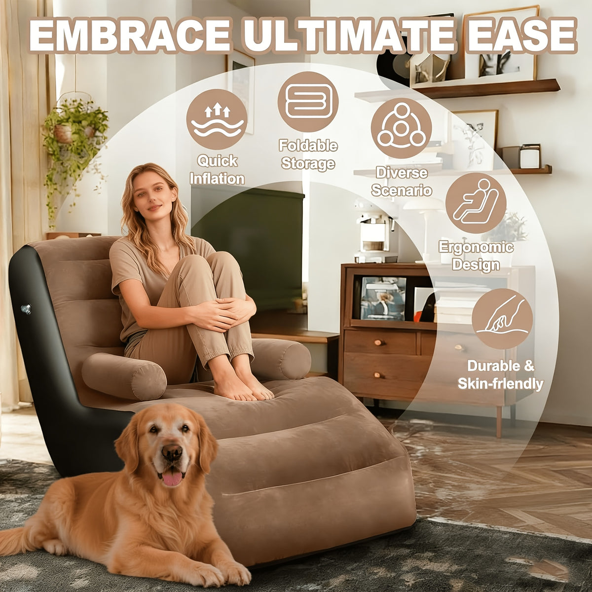 Inflatable Couch for Adults in Coffee Brown with Armrest and Listed Flocked Surface, Portable Air Sofa for Movie Night Seating and Camping Lounge Setups