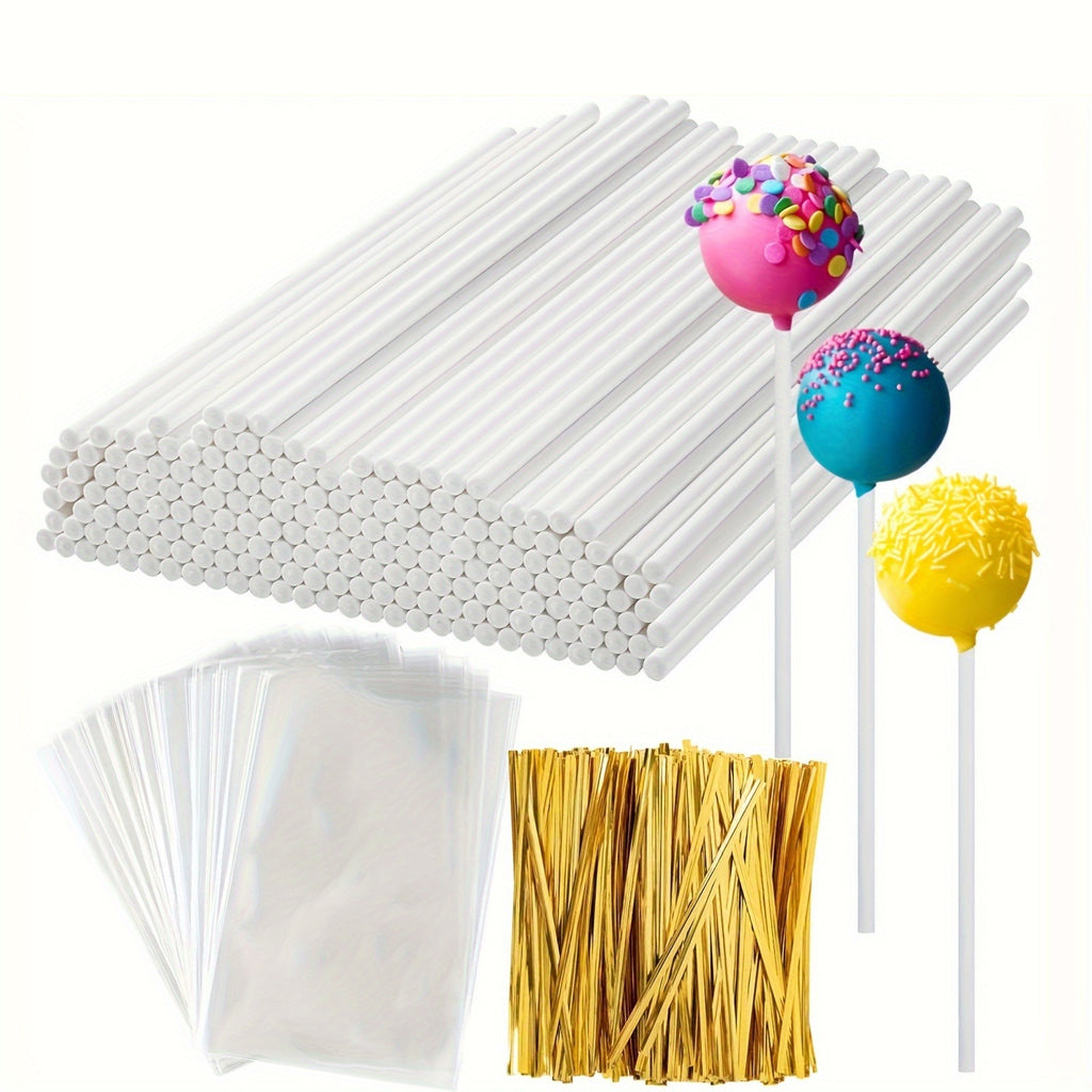 Cake Pop Treat Bag Kit, 297-Piece Mixed Set of Plastic Bags, Lollipop Sticks and Golden Metallic Twist Ties for Candy Packaging and Party Favor Presentation
