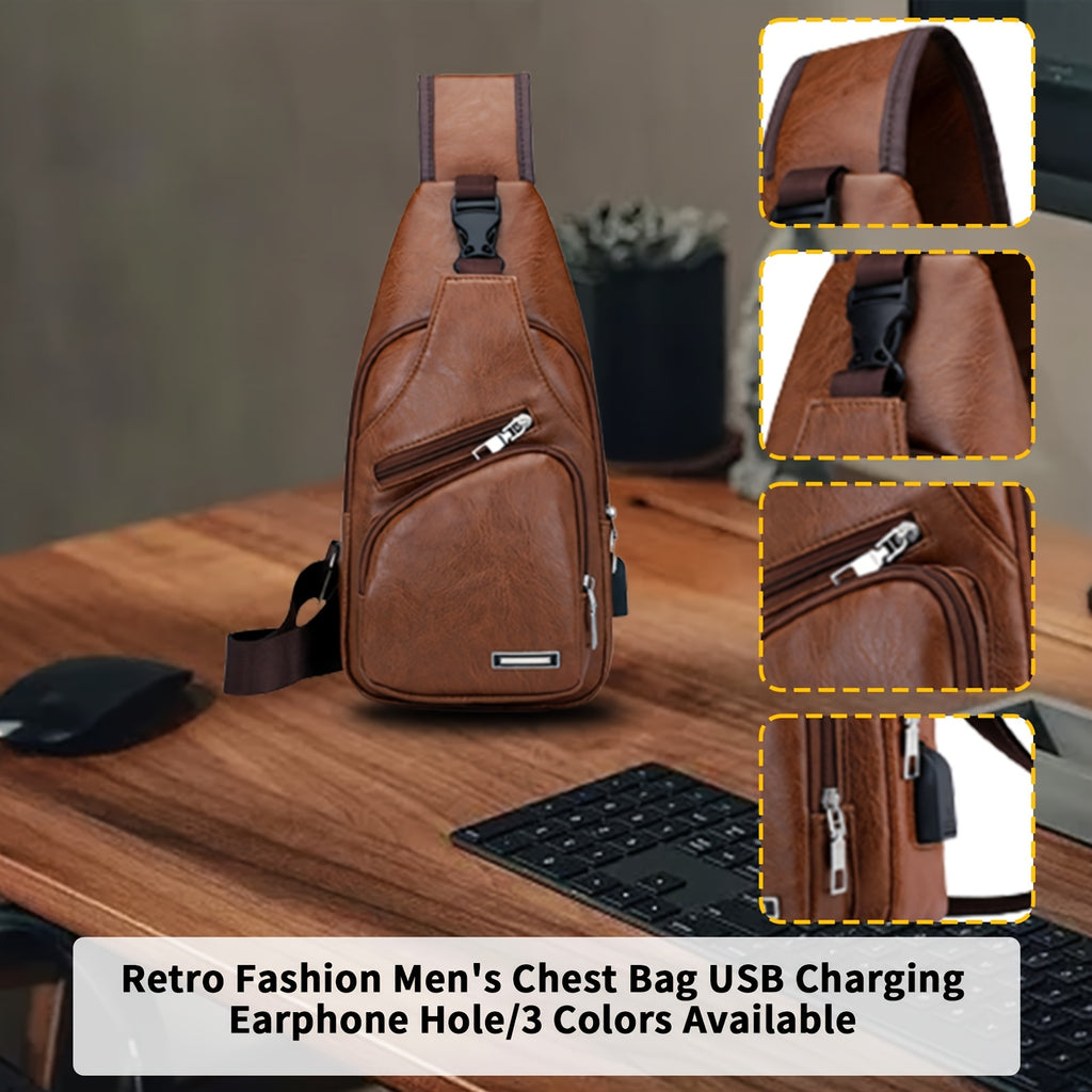 PU Leather Sling Bag for Men and Women with Adjustable Shoulder Strap, Zippered Pockets and Earphone Opening for Daily Walking, Hiking and Travel