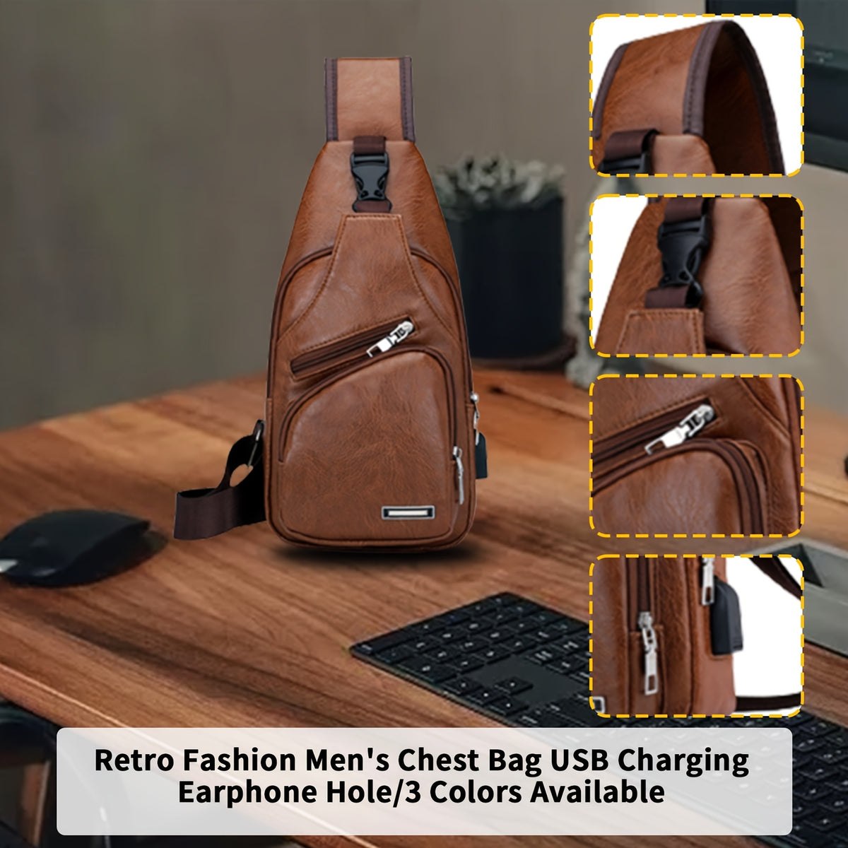 PU Leather Sling Bag for Men and Women with Adjustable Shoulder Strap, Zippered Pockets and Earphone Opening for Daily Walking, Hiking and Travel