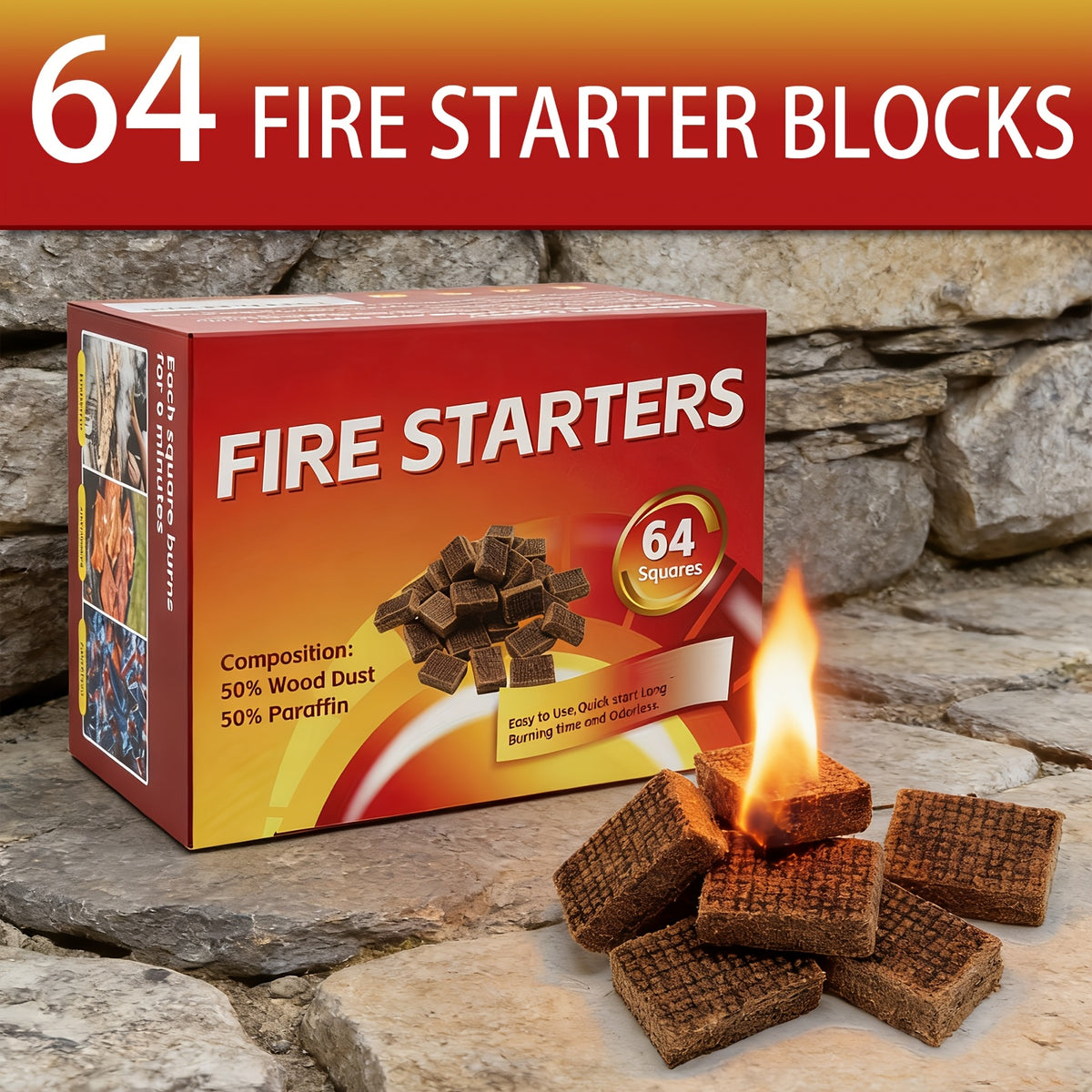 Fire Starter Squares 64-Pack for Compatible Fireplaces, BBQ Grills, Wood Stoves and Camping Setups, Square Firelighting Supplies for Experienced Adults