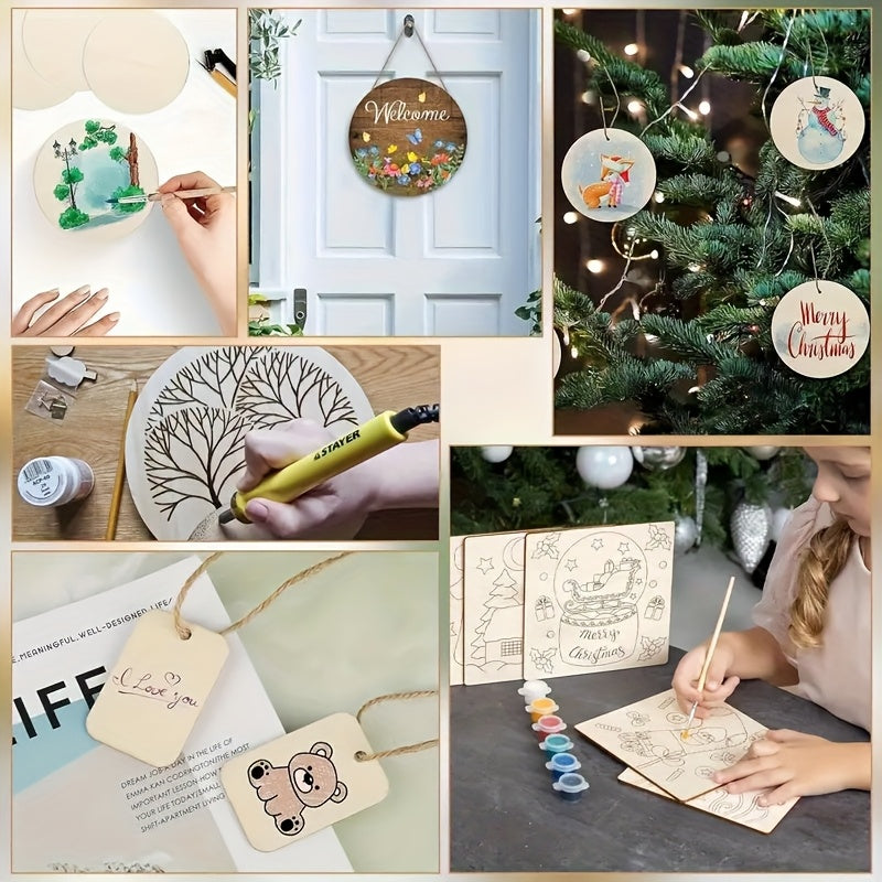 Unfinished Wood Craft Blanks with Twine, Listed 54-Piece Set of Round, Square and Heart Shapes for Painting, Personalized Gift Accents and Party Decorations