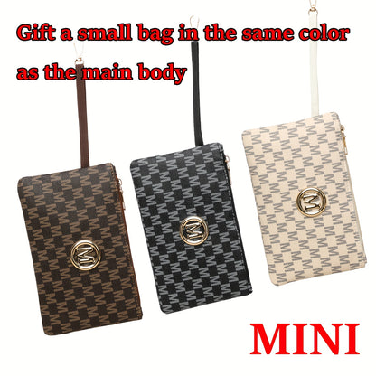 Lotus Print Shoulder Bag Set for Women with M Letter Pattern and M-Shaped Hardware, Listed Two-Piece Fashion Set with Fixed Shoulder Strap in Brown, Black or Beige