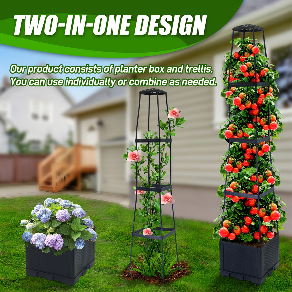 Self Watering Tomato Planter Box with Listed Ladder Trellis, 57-Inch One-Piece Option for Suitable Climbing Plants and Container Gardening in Yard or Indoor Outdoor Spaces