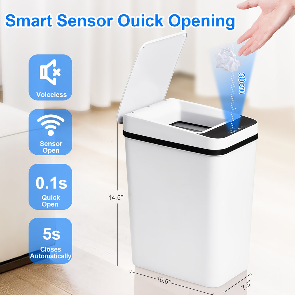 2.8 Gallon Touchless Trash Can Set, Two-Piece Slim Motion Sensor Garbage Bins with Automatic Lids in White or Black for Bathroom, Bedroom and Home Office