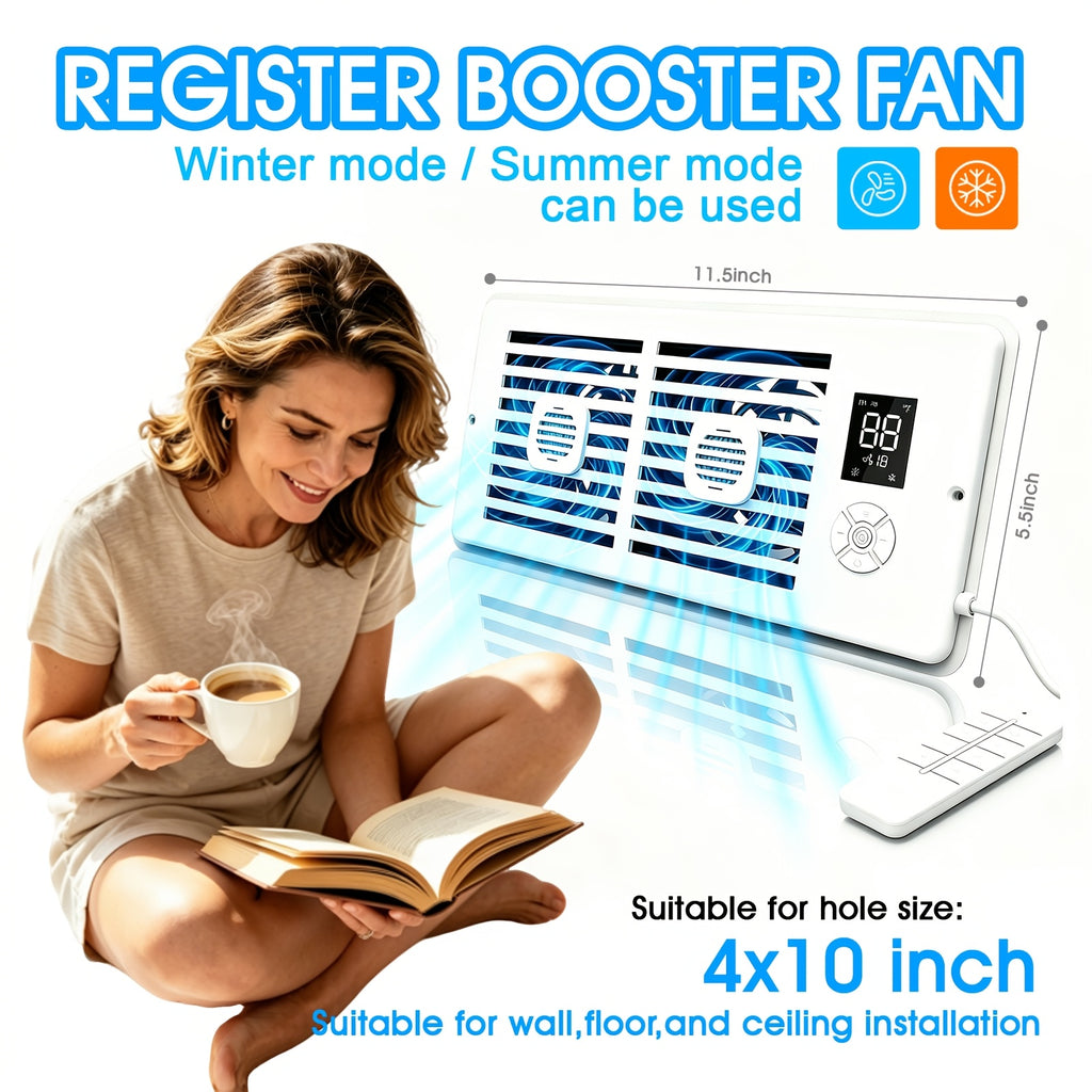 Register Booster Fan for Listed 4 x 10 Inch Vents, White Ten-Speed Airflow Device with Temperature-Sensing Automatic Control and Remote Wording for Compatible Home HVAC Registers