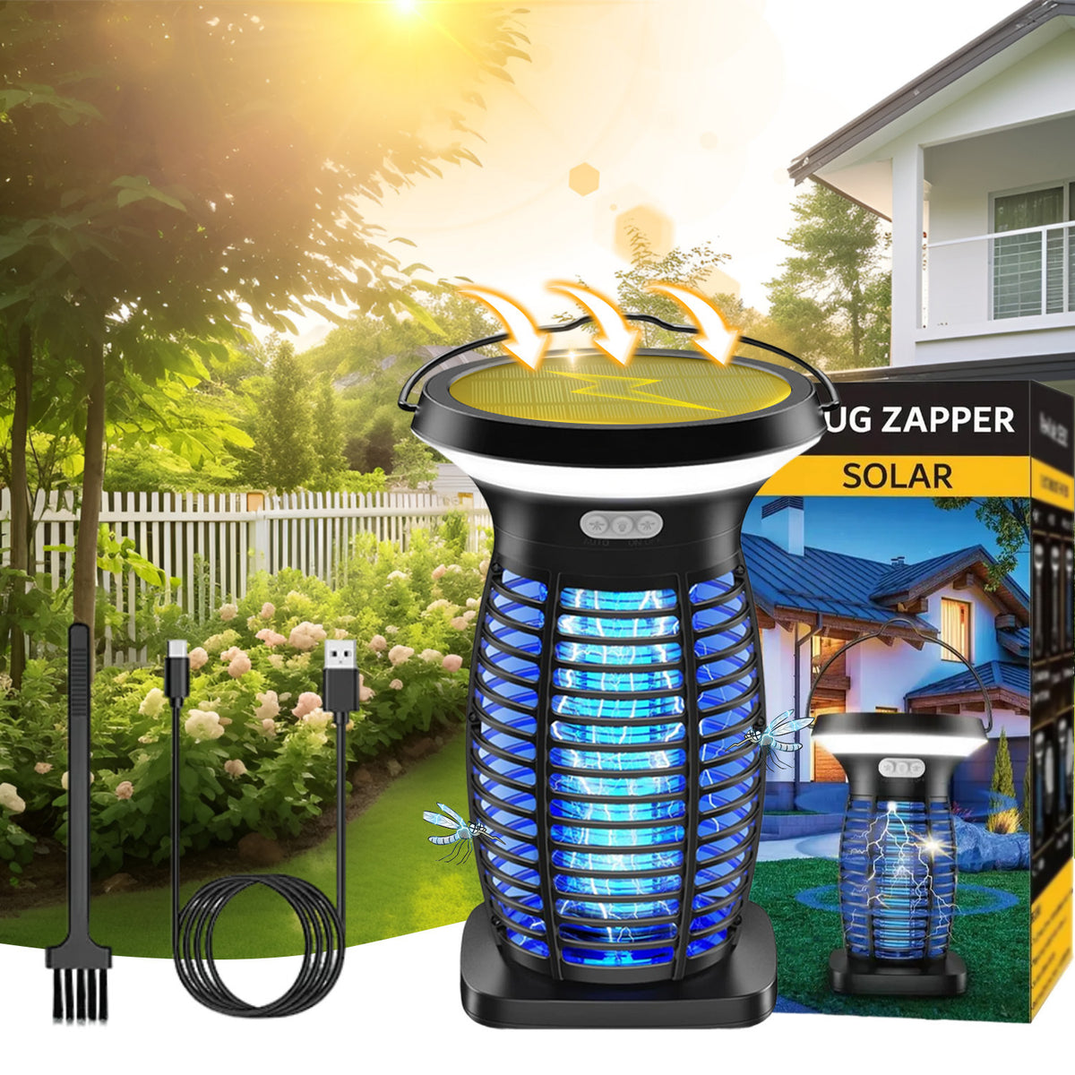 3-in-1 Solar Bug Zapper with LED Light and SOS Mode, USB-C Rechargeable Electric Insect Trap with Auto On-Off for Patio, Garden and Camping