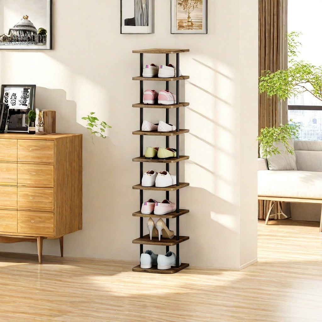 9-Tier Vertical Shoe Tower in Black with Narrow Freestanding Design and Removable-Layer Reference for Footwear Storage in Closets, Entryways and Bedrooms