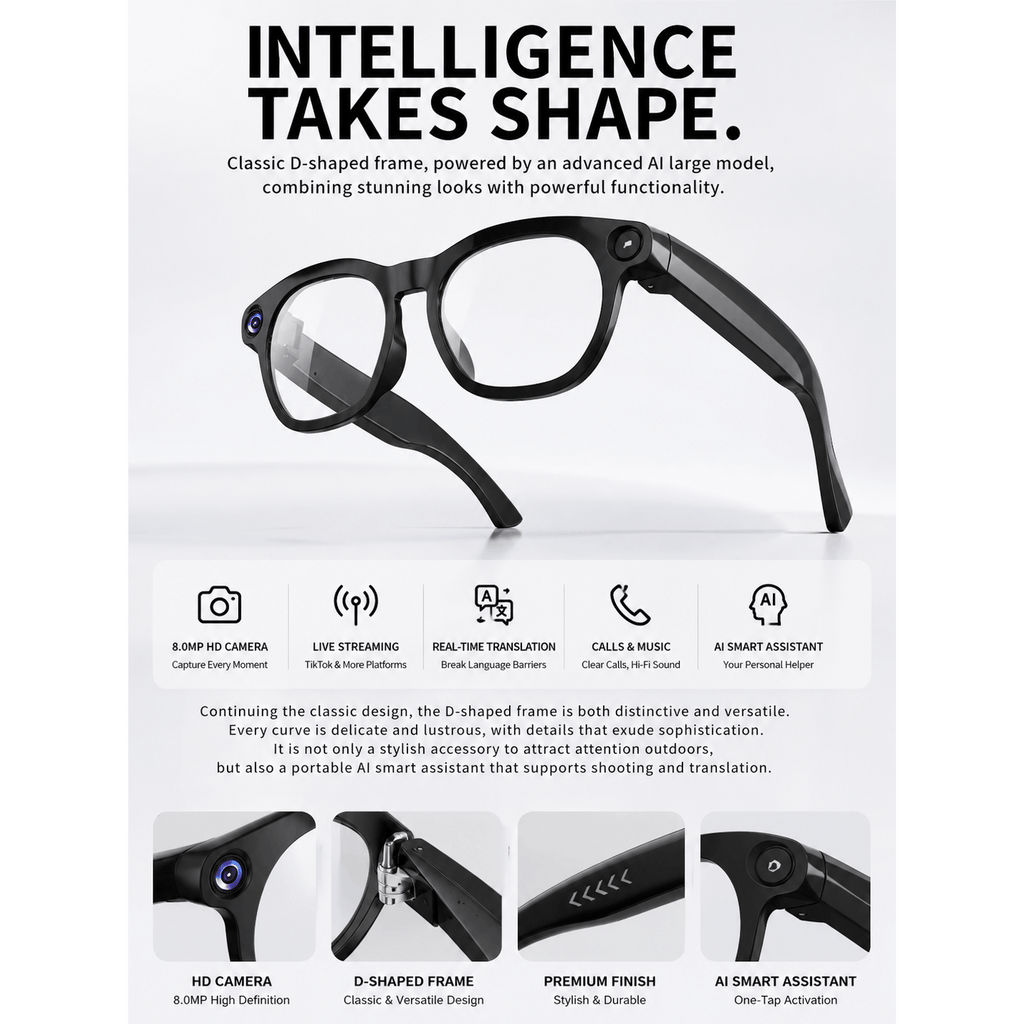8MP-Labeled AI Camera Smart Glasses in Black with Video and Audio Recording, Bluetooth Calls and Music, Touch Controls and Listed Translation Features