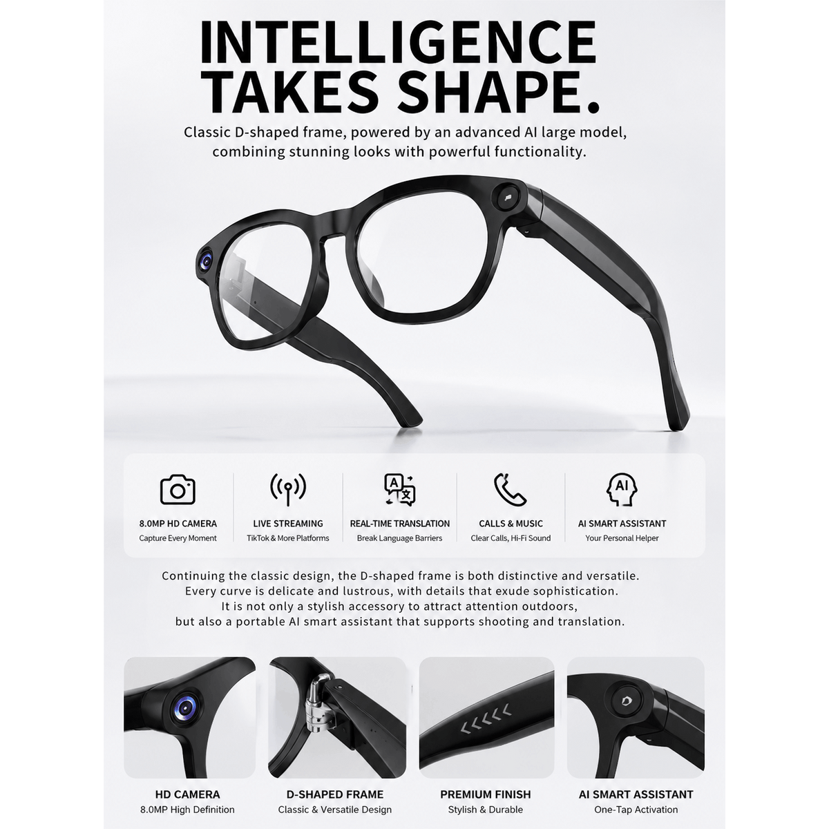8MP-Labeled AI Camera Smart Glasses in Black with Video and Audio Recording, Bluetooth Calls and Music, Touch Controls and Listed Translation Features