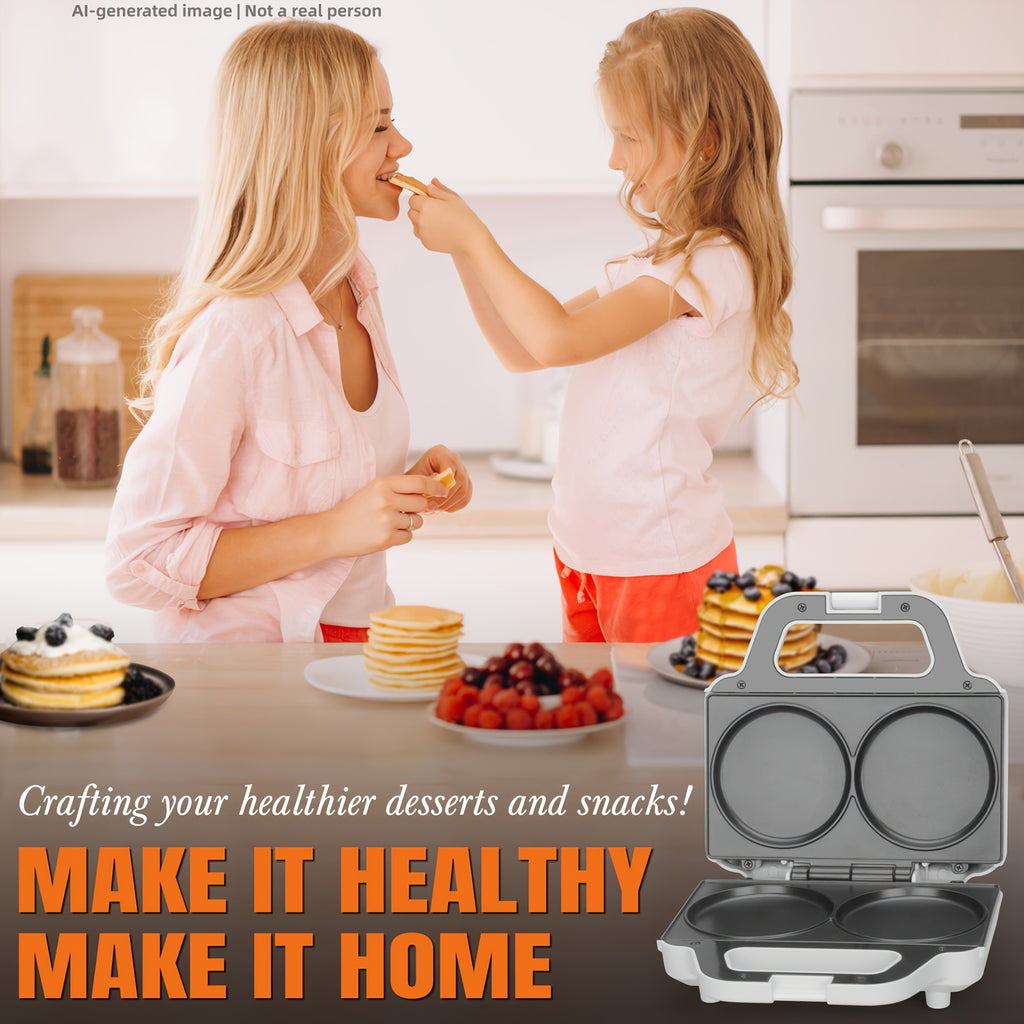 Double Mini Pancake Maker in White, 4-Inch Electric Breakfast Griddle with Listed Arepa, Egg and Cookie Cooking Uses for Homemade Meals and Snacks