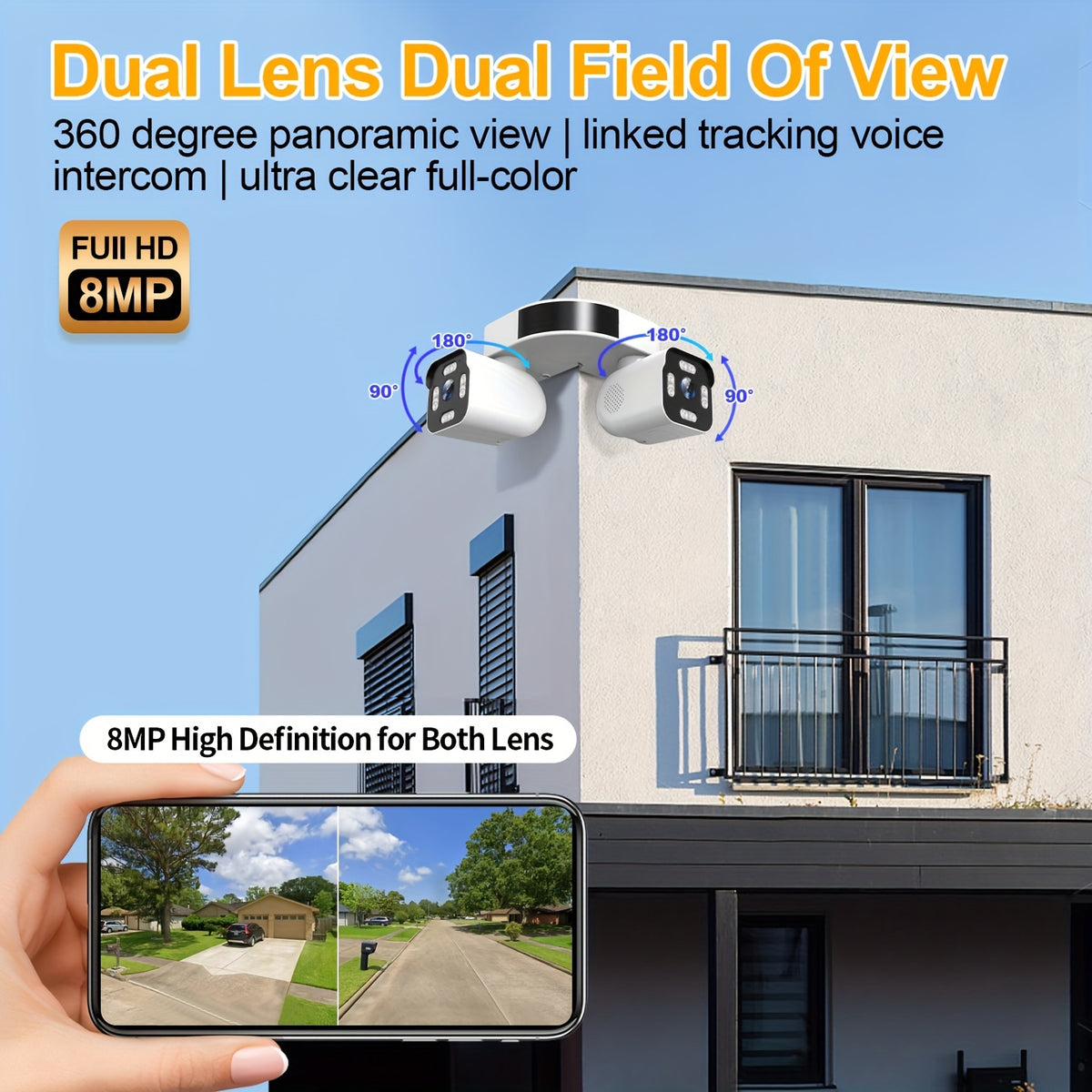 Corner Mount Security Camera by PHANSATIM, 8MP Dual-Lens PTZ with Color Night Vision, WiFi or Wired Network Connection and Wired Power for Indoor Outdoor Use