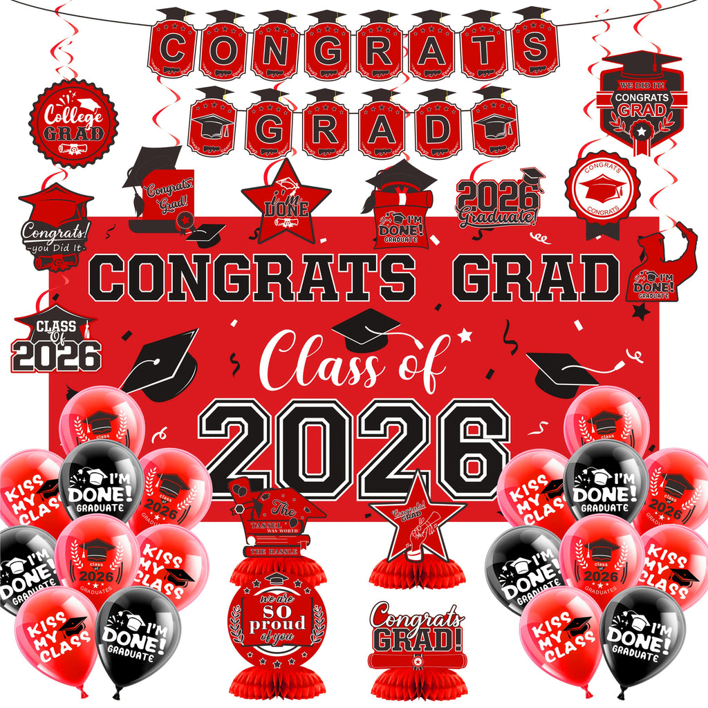 Graduation Party Decorations Class of 2026 Set with Backdrop Banner, Hanging Swirls, Balloons and Honeycomb Decor for Home Celebrations