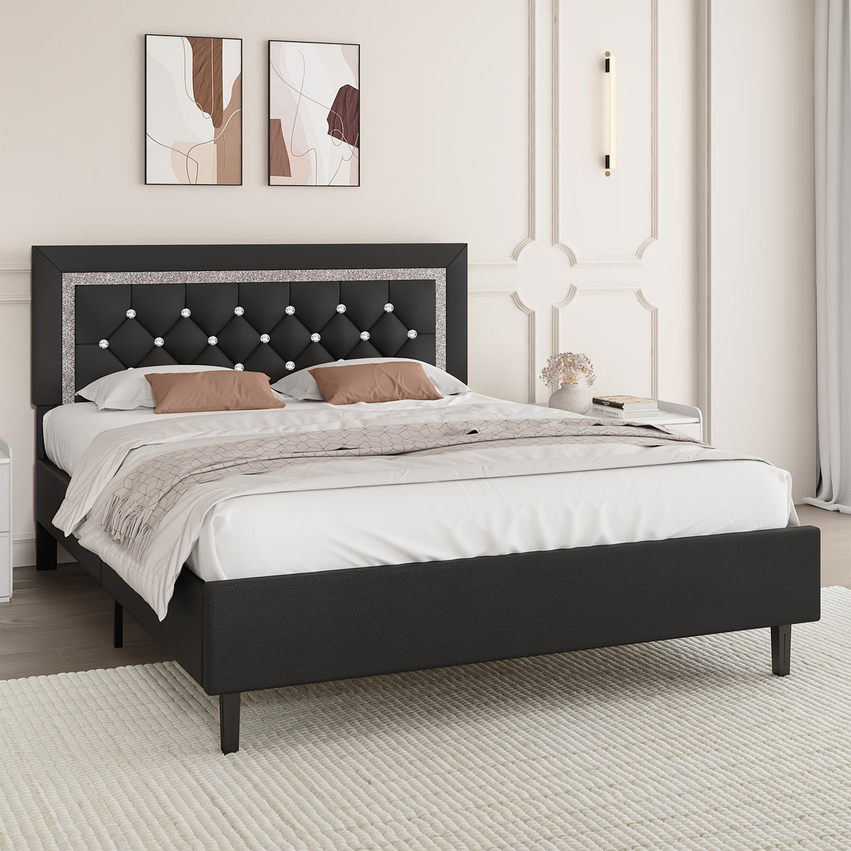 Princess Bed Frame with Diamond Headboard and Wooden Slat Support, Bedroom Furniture in White, Black or Pink with Twin, Full and Queen-1 Size Options