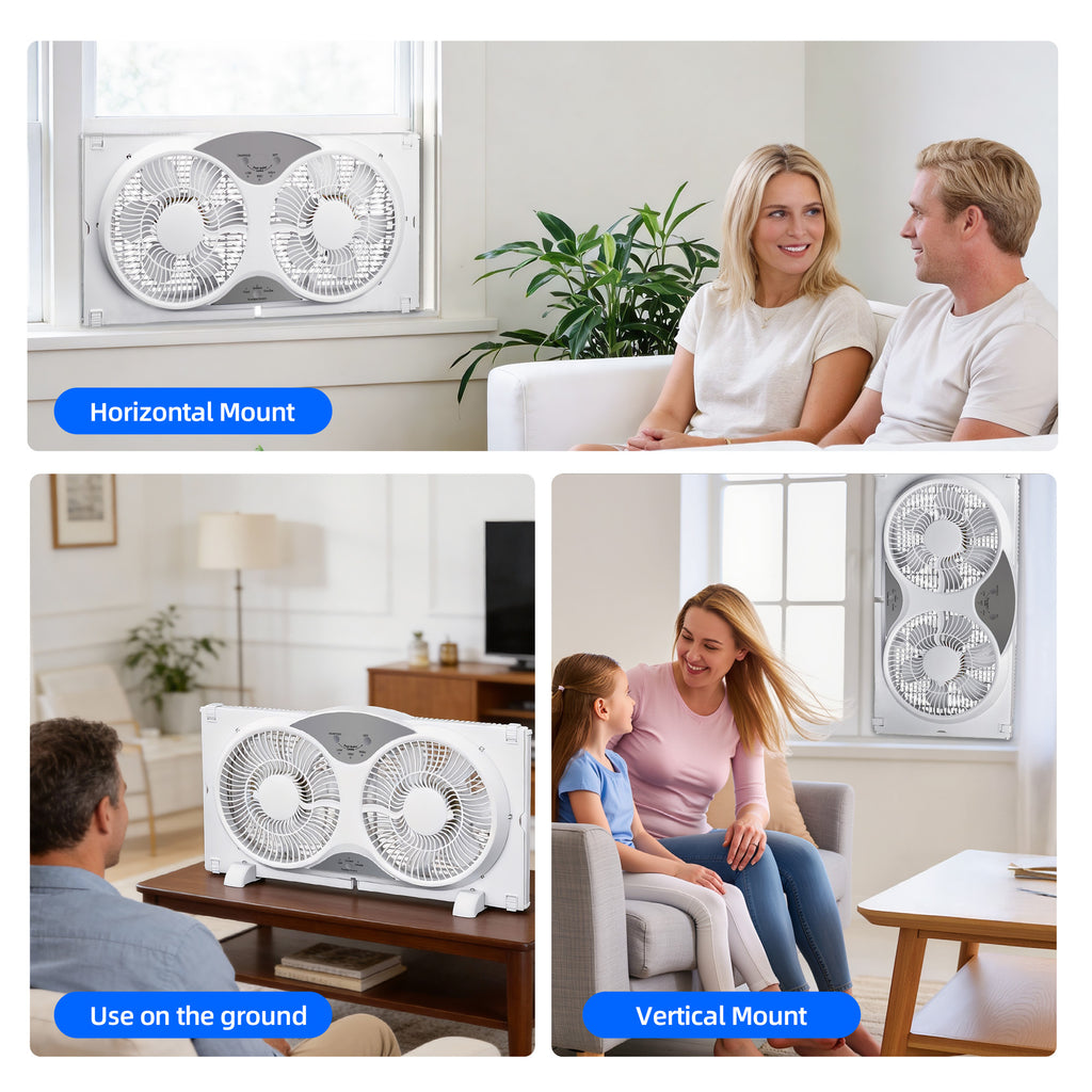 Twin Window Fan with 9-Inch Design, Reversible Airflow and Three Speeds, Listed 23.8-37 Inch Expandable Width with Remote or Timer Options for Home Bedrooms