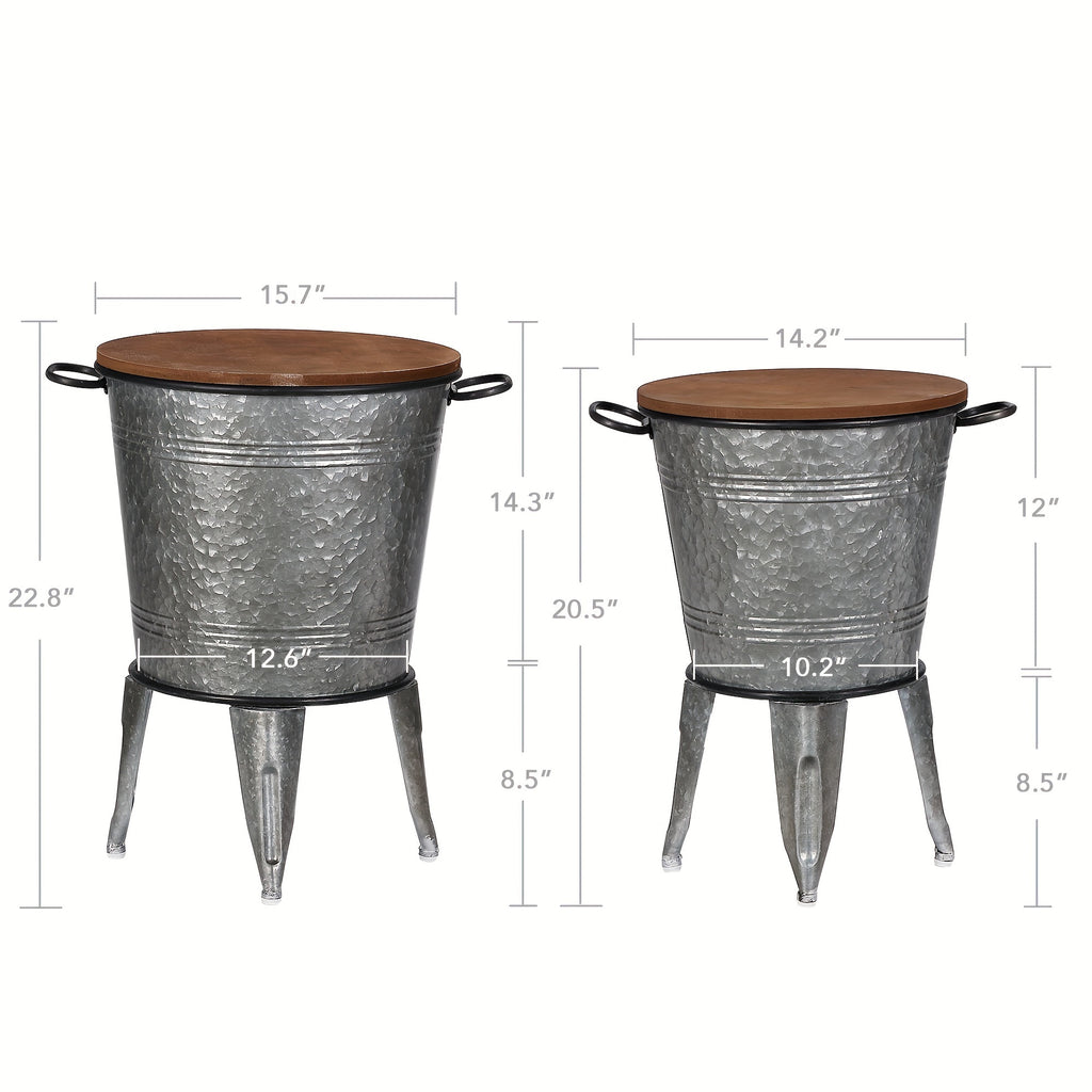 Farmhouse End Tables Set of Two with Metal Nesting Design and Round Wood Lids, Galvanized or Distressed White Accent Furniture for Rustic Living Room Styling