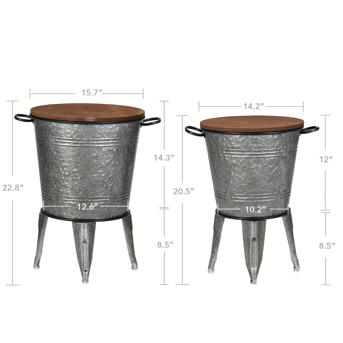 Farmhouse End Tables Set of Two with Metal Nesting Design and Round Wood Lids, Galvanized or Distressed White Accent Furniture for Rustic Living Room Styling