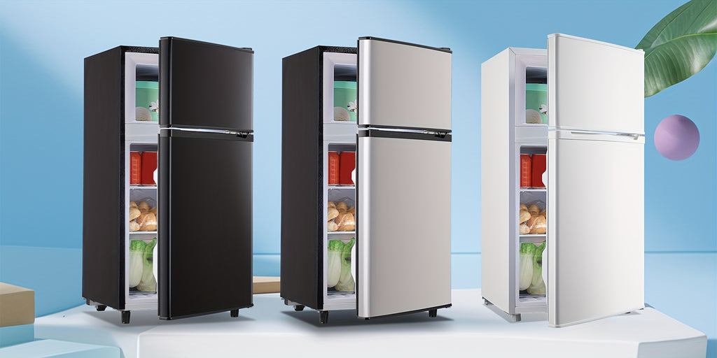 Two-Door Compact Fridge with Freezer, Silvery 2.5 or 3.5 Cu Ft Options with Seven-Level Thermostat and Removable Shelves for Dorm, Office and Bedroom Storage