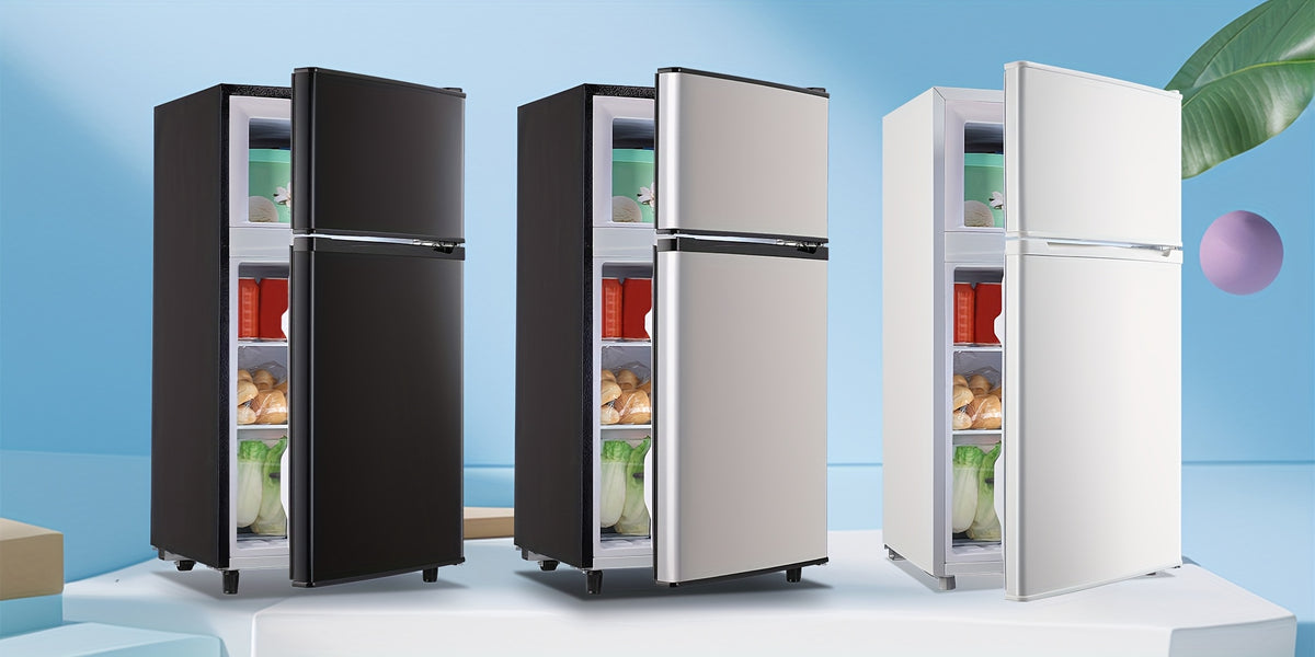 Two-Door Compact Fridge with Freezer, Silvery 2.5 or 3.5 Cu Ft Options with Seven-Level Thermostat and Removable Shelves for Dorm, Office and Bedroom Storage
