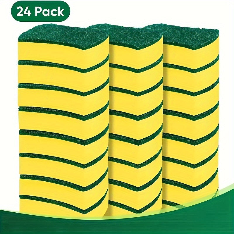 Waist-Shaped Cleaning Sponges in Yellow and Green, 12- or 24-Piece Double-Sided Scouring Pad Options for Compatible Dishwashing and Household Kitchen Cleanup
