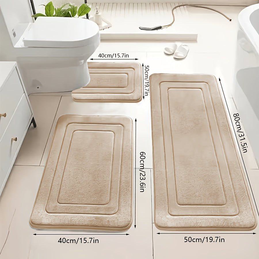 Polyester Bath Mats 3-Pack with Listed 610gsm Knit Fabric, Soft Absorbent Bathroom Rug Set in Six Colors for Sink, Tub and Shower-Side Floor Spaces