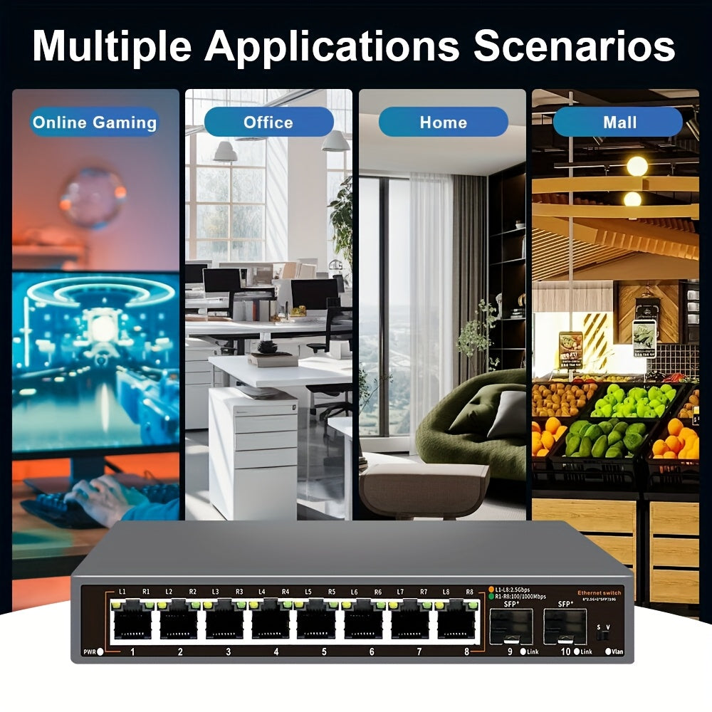 Ten-Port 2.5G Ethernet Switch in Black with Eight Listed RJ45 Ports and Two 10G SFP+ Slots, Fanless Metal Plug-and-Play Network Device for Compatible NAS and PCs