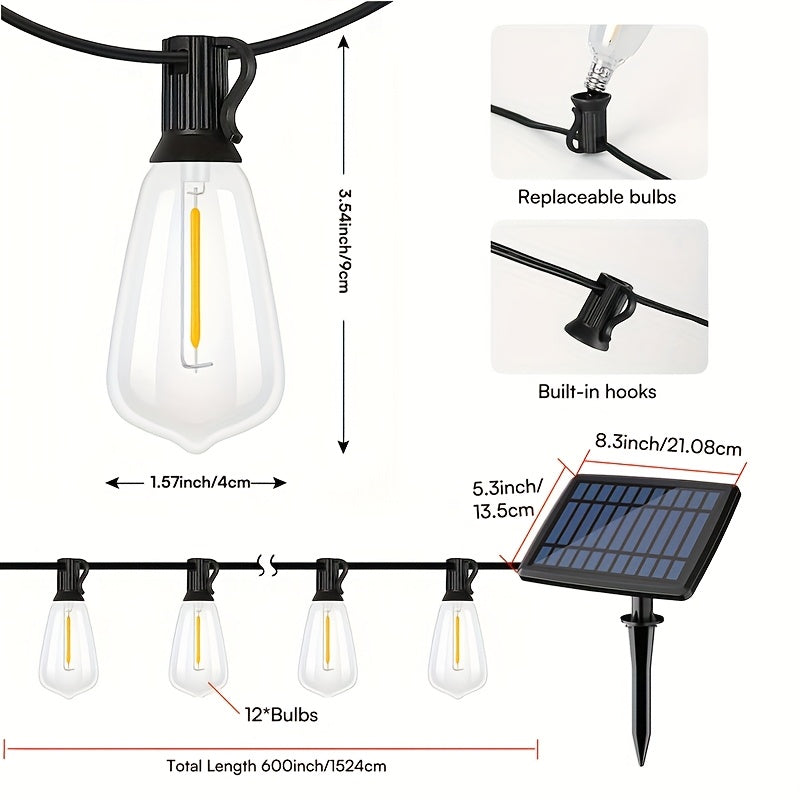 Teardrop Solar String Lights with 2700K Warm ST38 LED Filament Bulbs, Dimmable Outdoor Patio Decor in 50, 120, 150 or 200ft Length Options