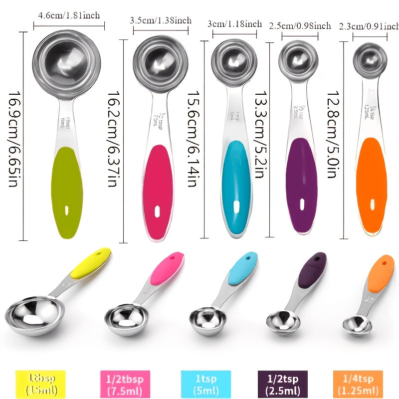 Measuring Spoons with Spare Silicone Handles, Five Stainless Steel Spoons Plus Five Replacement Handles in a 10-Piece Kitchen Cooking and Baking Set