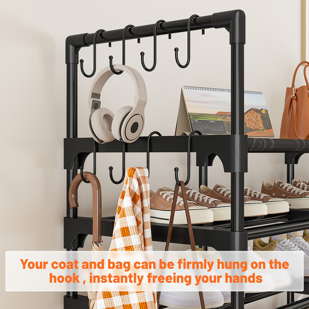 Four-Column Shoe Rack in Black with Six- or Nine-Tier Model Options, Listed Metal Construction and Customizable Layout for Entryway, Bedroom and Closet Footwear Storage