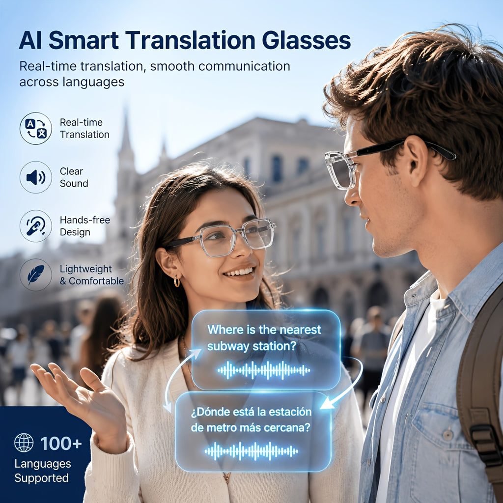 Wireless Music Glasses with Listed AI Translation and Stereo Speaker Functions, Smart Audio Eyewear for Compatible Smartphone and Tablet Setups and Everyday Listening