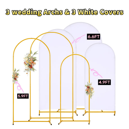 Metal Arch Backdrop Stand Trio, Gold Wedding and Party Frames in Listed 6.6ft, 5.9ft and 4.9ft Sizes with Optional White Spandex Covers for Event Decor